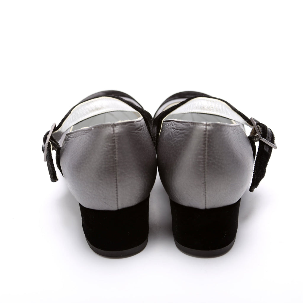 Velvet Cap Toe Mary-Jane Mid Heels Size 36.5 Black/Grey