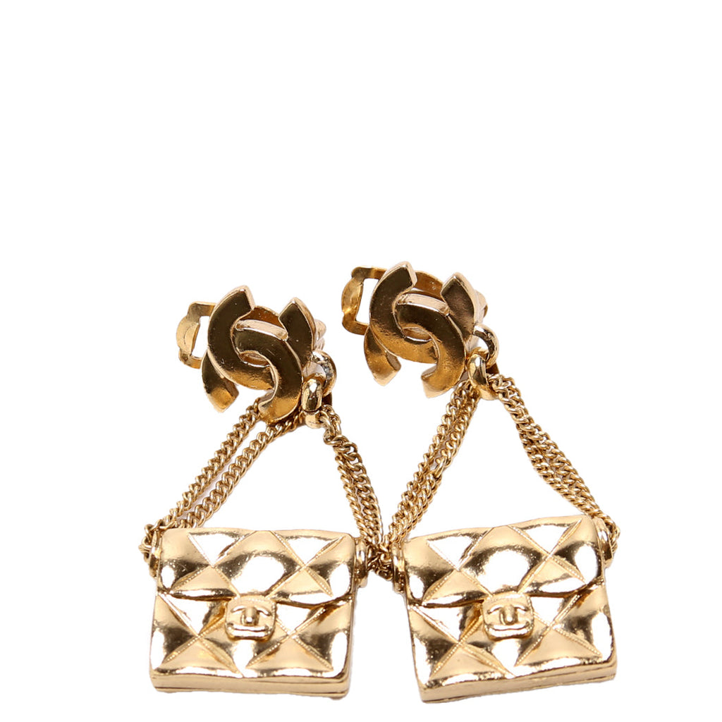 CC Flap Bag Drop Clip-On Earrings Gold