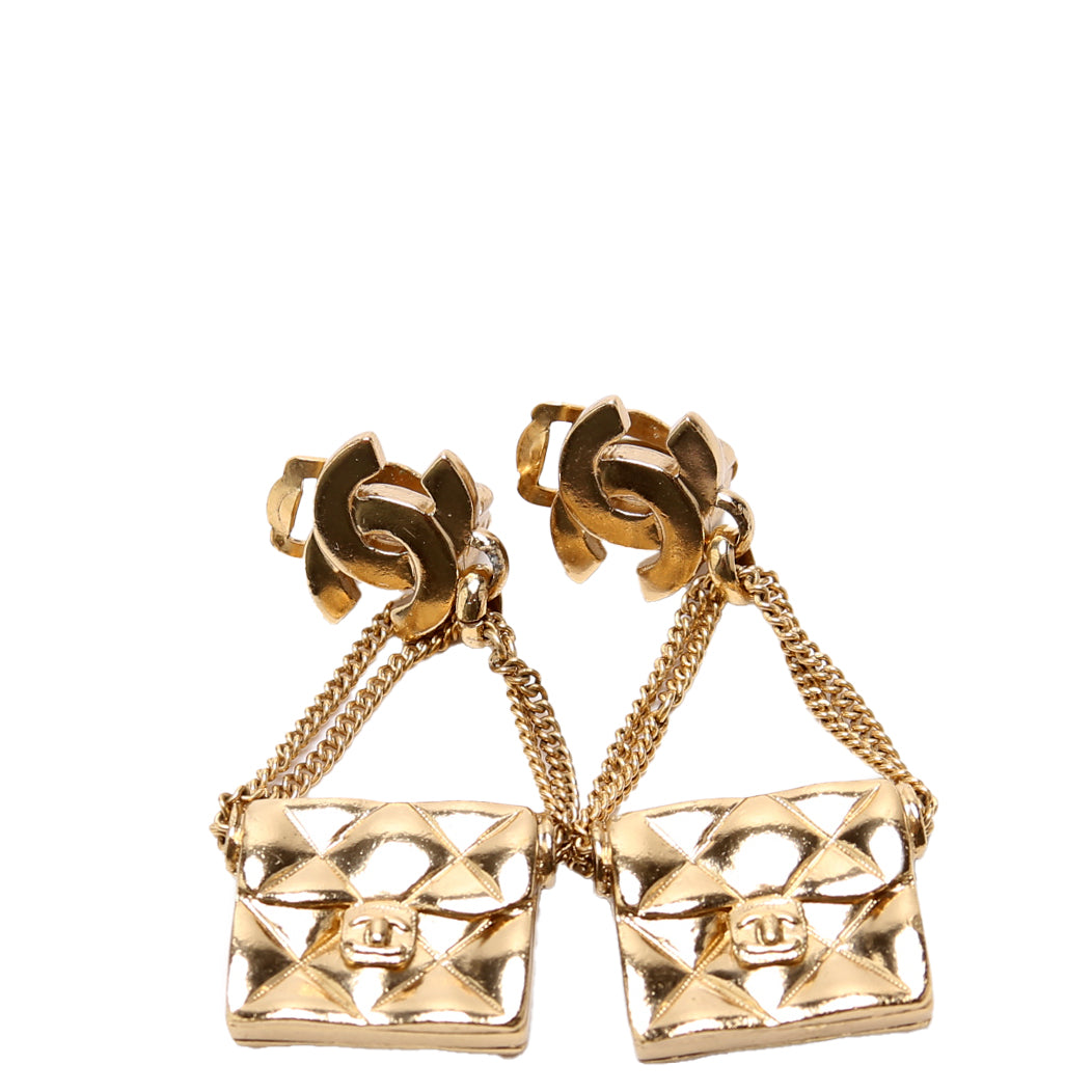 CC Flap Bag Drop Clip-On Earrings Gold