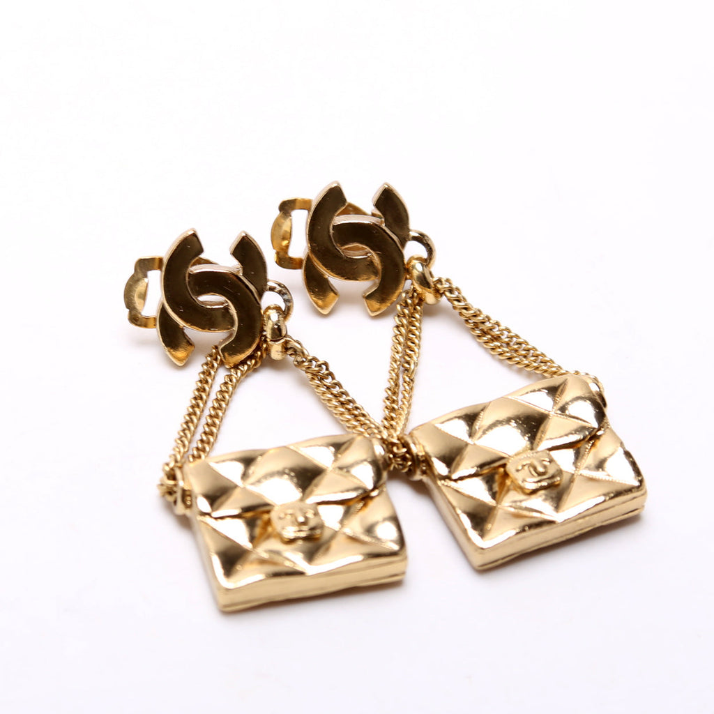 CC Flap Bag Drop Clip-On Earrings Gold