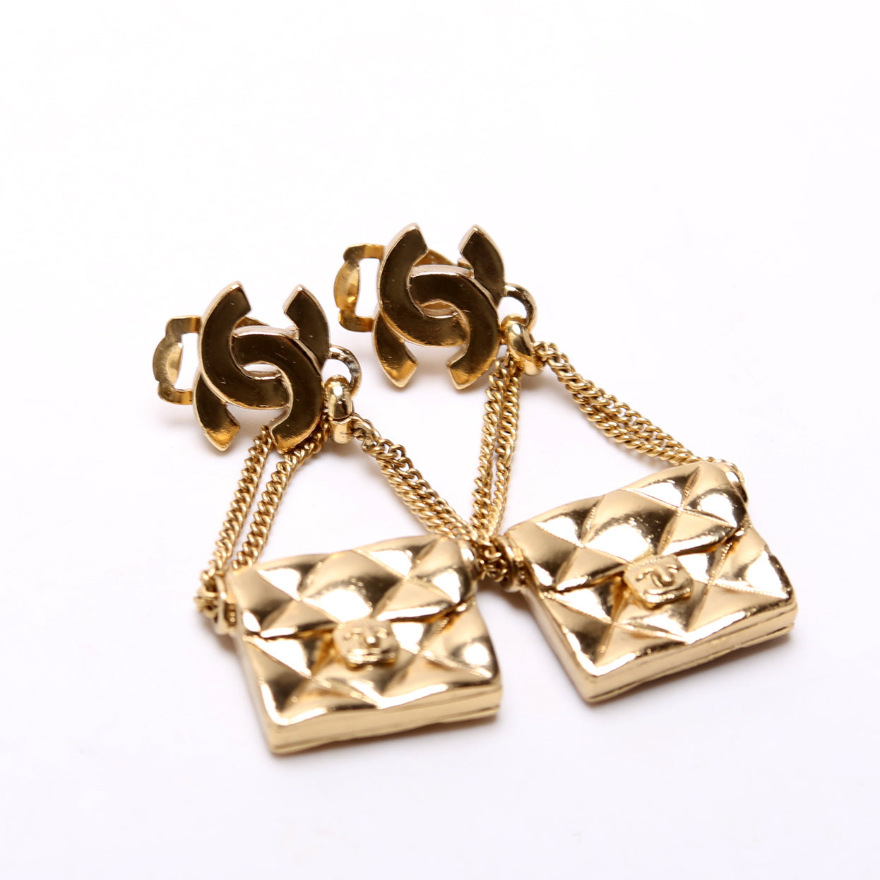 CC Flap Bag Drop Clip-On Earrings Gold