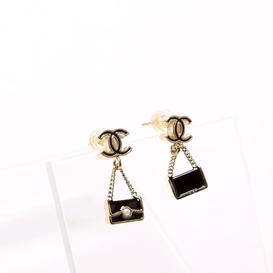 Mini CC Flap Bag Drop Earrings Gold/Black