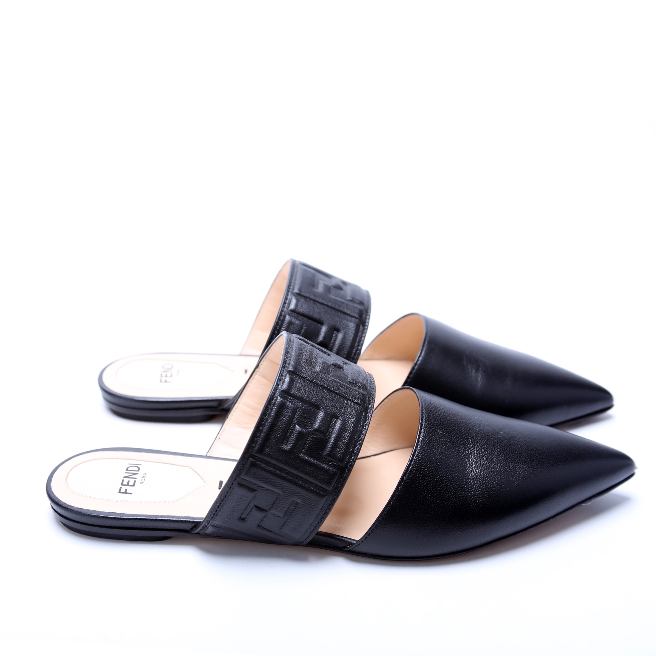 FF Embossed Leather Mules Size 36 Black