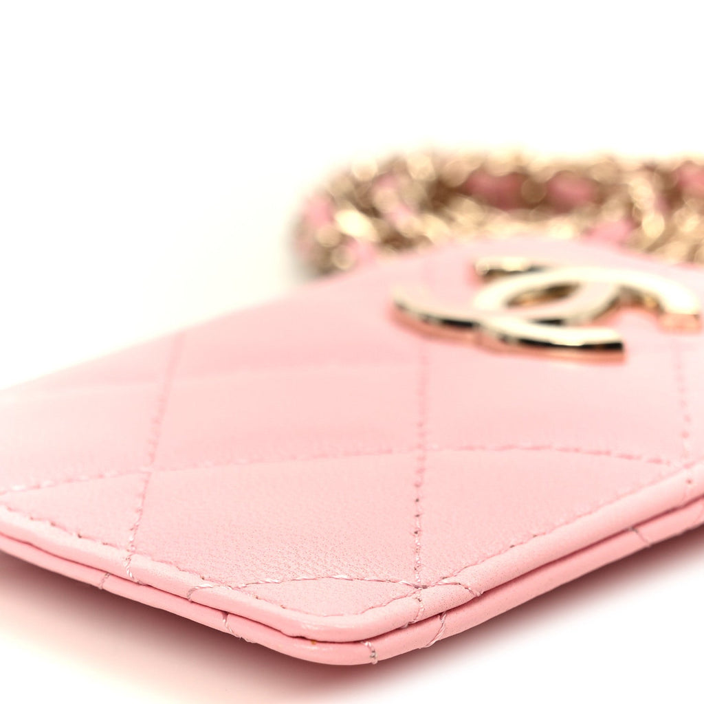 Lambskin Quilted Enamel Chanel Card Holder On Chain Light Pink