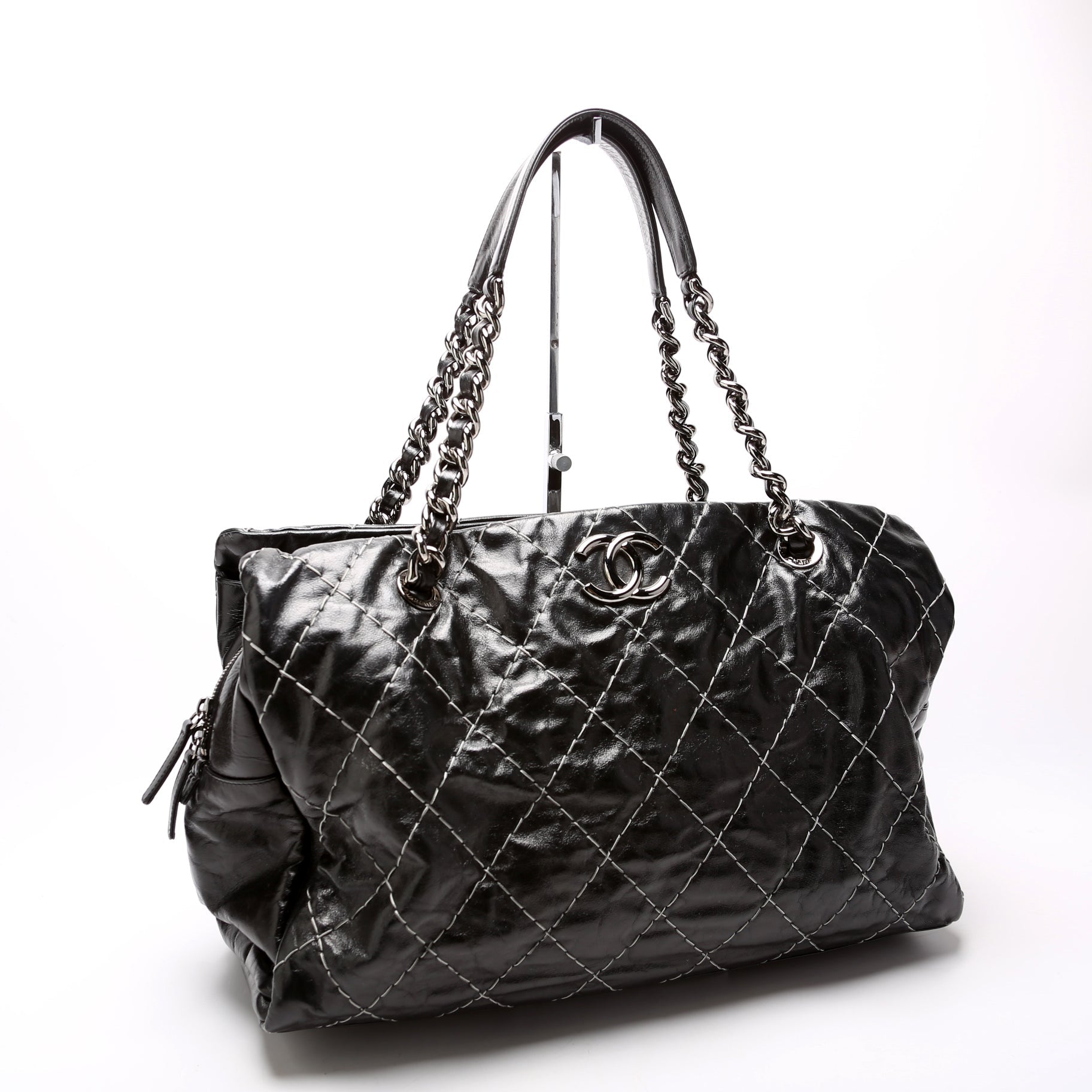 Double Contrast Stitch Large Tote Goat 13M Black