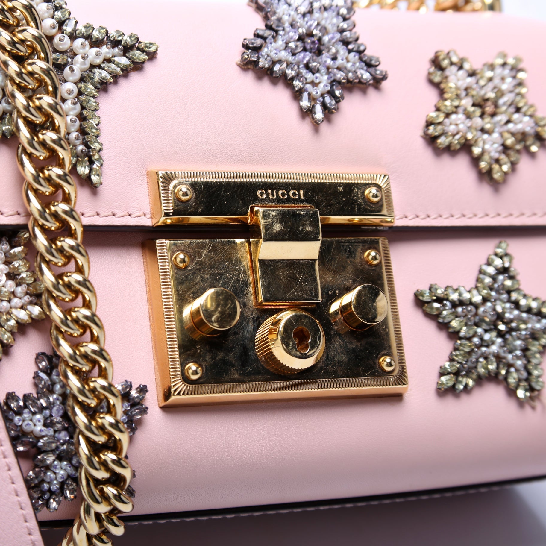 ON HOLD 432182 Padlock Embroidered Star Leather Small Pink