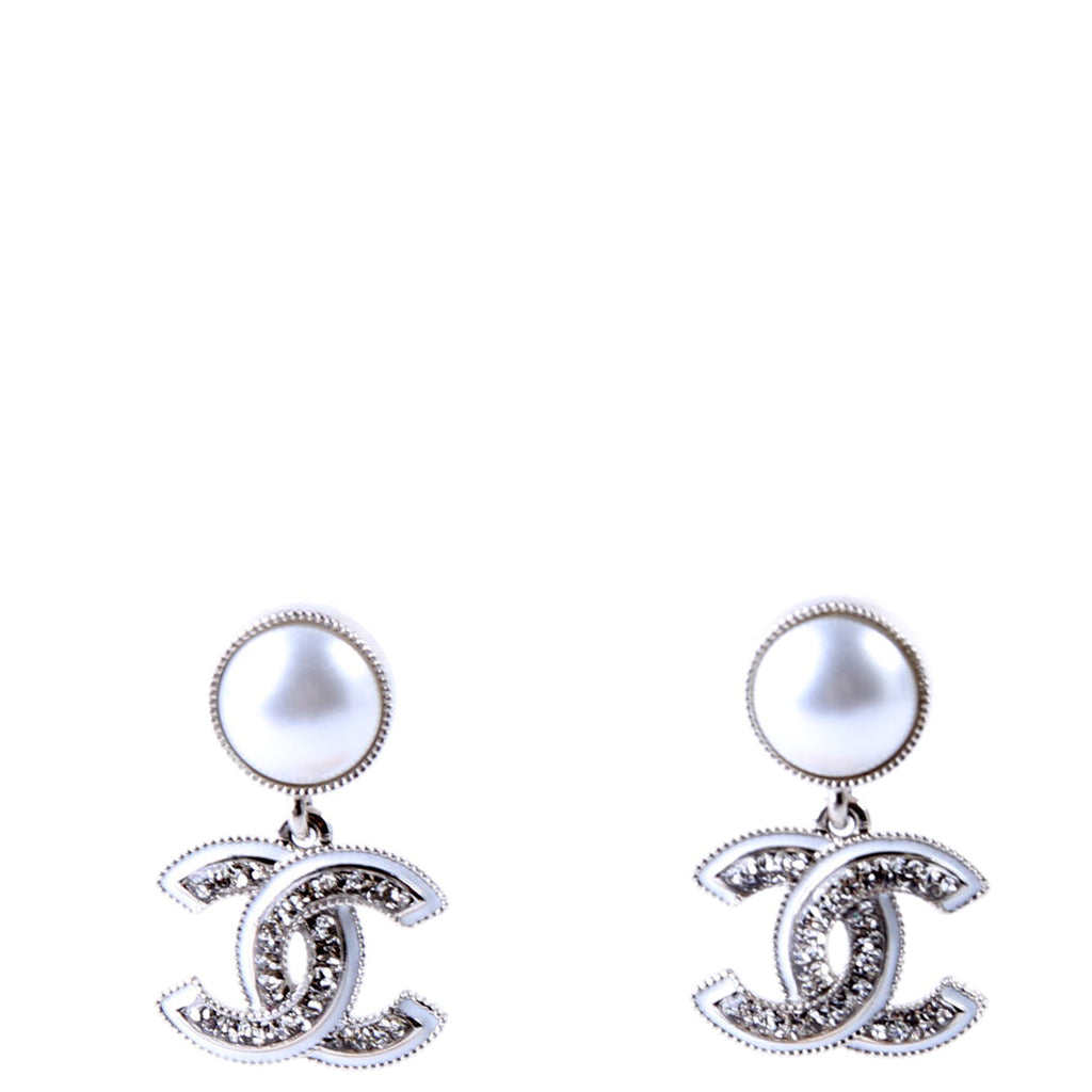 Faux Pearl CC Crystal Drop Earrings Silver/Pearl