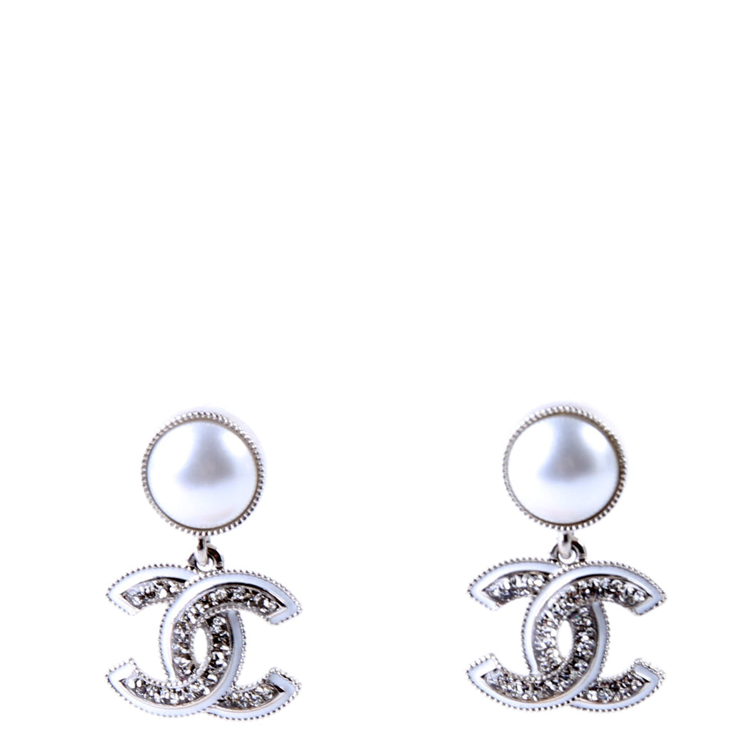 Faux Pearl CC Crystal Drop Earrings Silver/Pearl