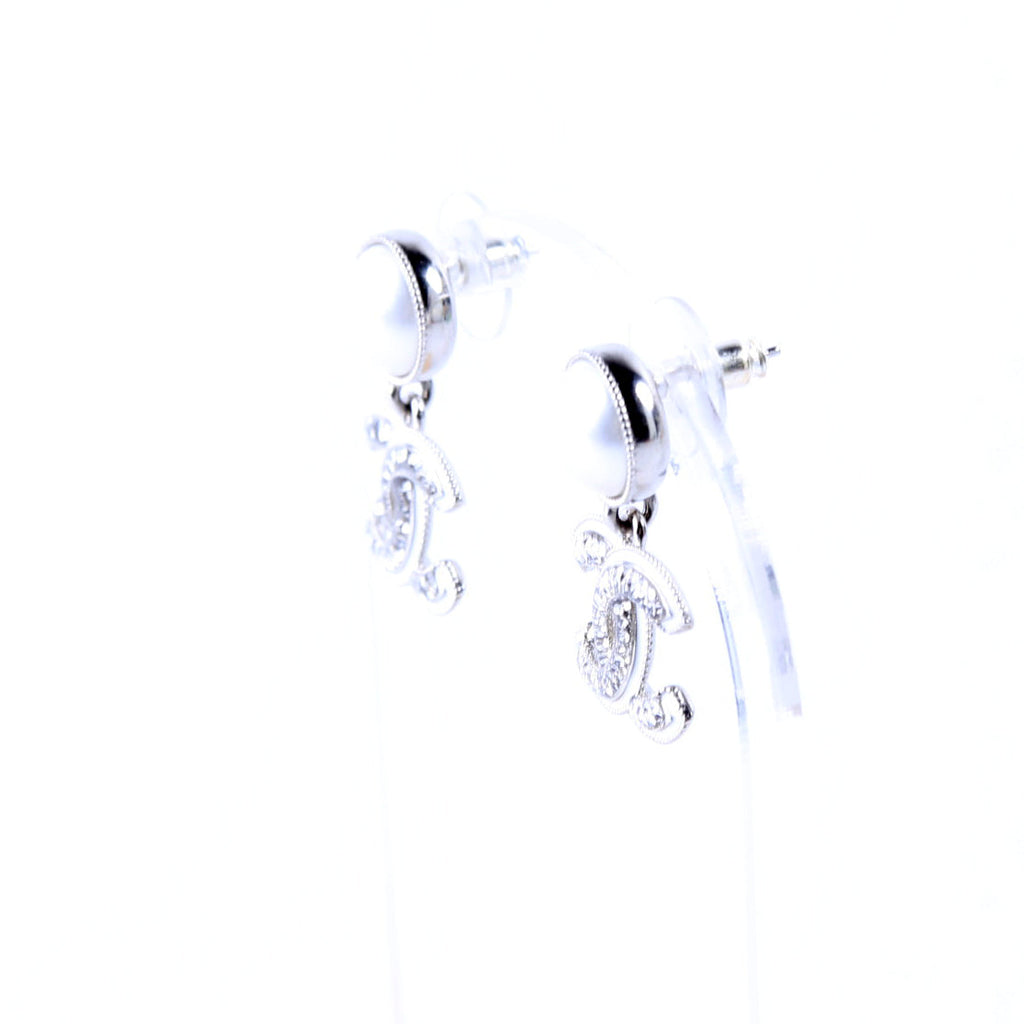 Faux Pearl CC Crystal Drop Earrings Silver/Pearl