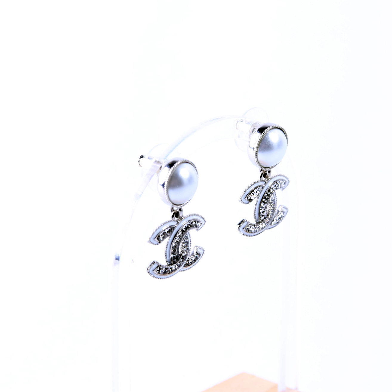Faux Pearl CC Crystal Drop Earrings Silver/Pearl