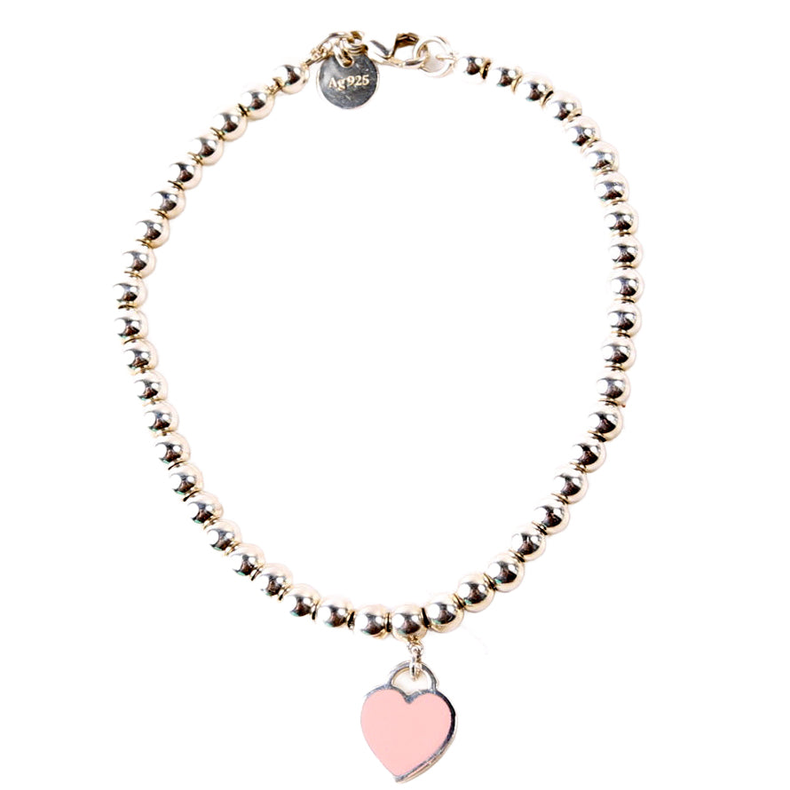 Please Return To Mini Enamel Heart Bead Chain Bracelet 925 Pink