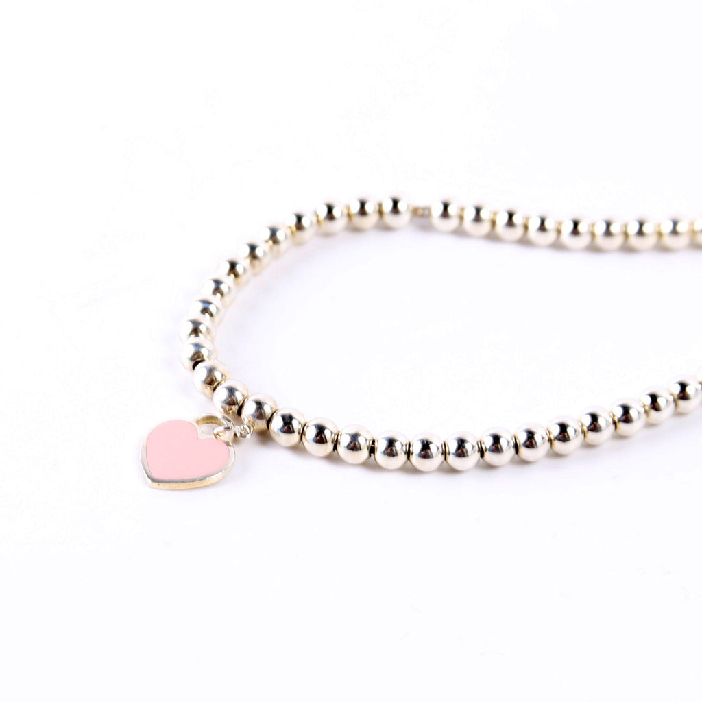 Please Return To Mini Enamel Heart Bead Chain Bracelet 925 Pink