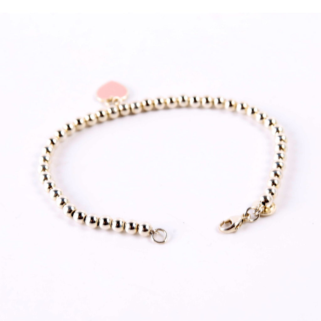 Please Return To Mini Enamel Heart Bead Chain Bracelet 925 Pink
