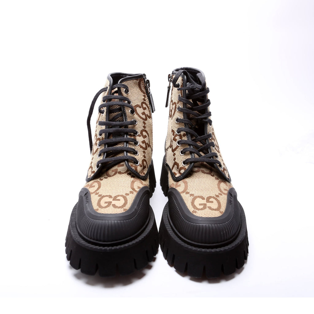Maxi GG Canvas Lace Up Combat Boots Size 5 (37) Brown