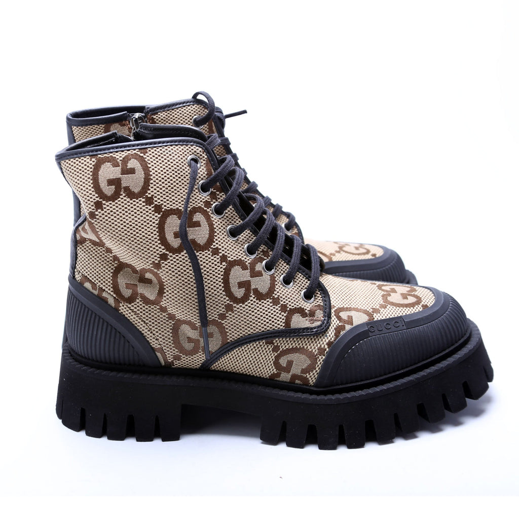 Maxi GG Canvas Lace Up Combat Boots Size 5 (37) Brown