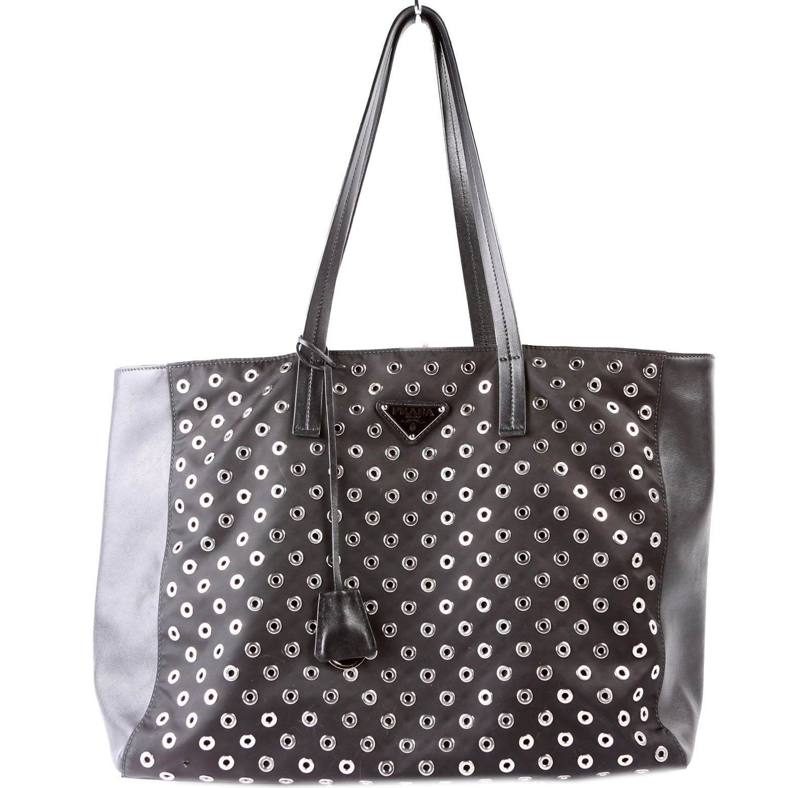 Tressuto/Leather Grommet Tote Black/Silver