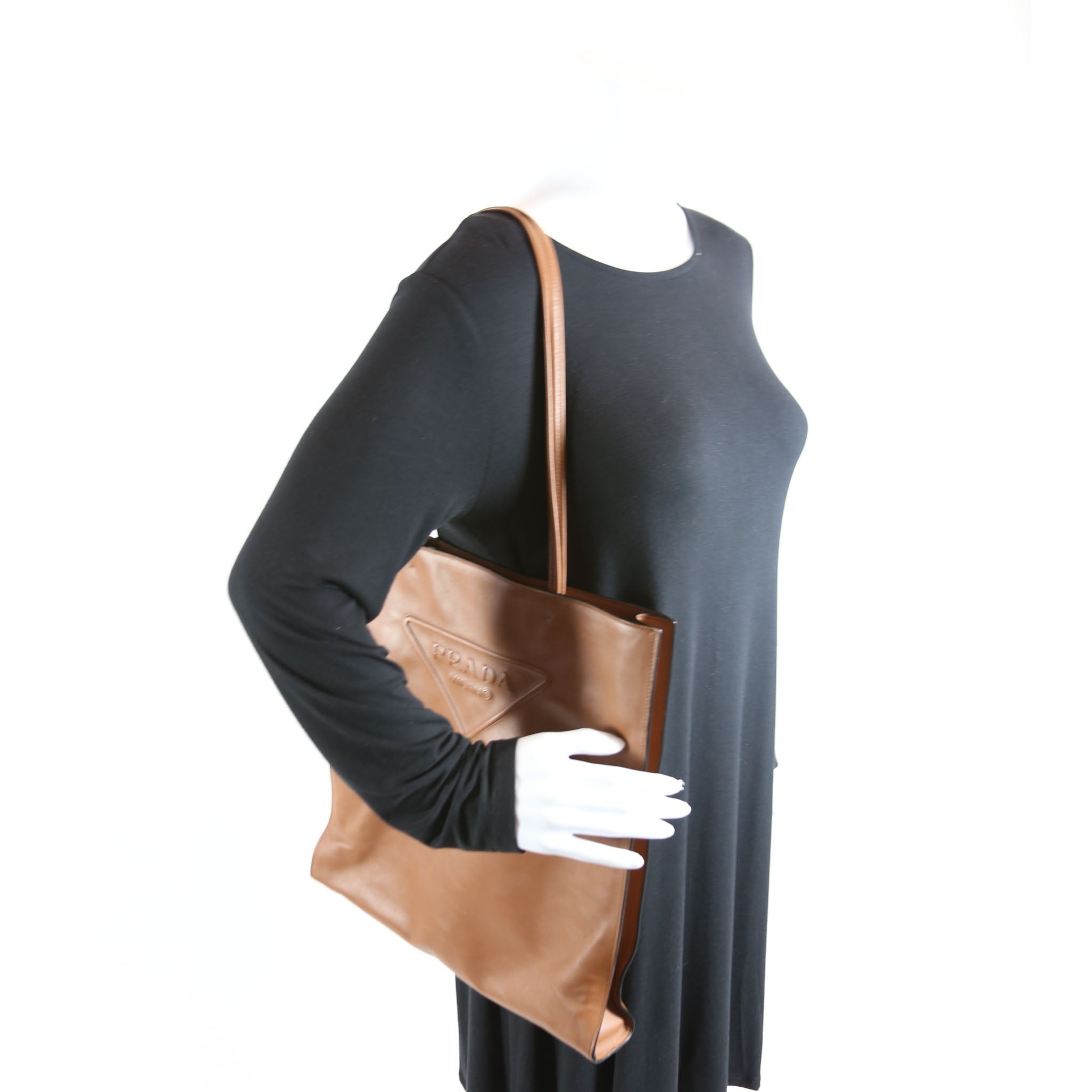Soft Calfskin Triangle Logo Shopper Tote Brown
