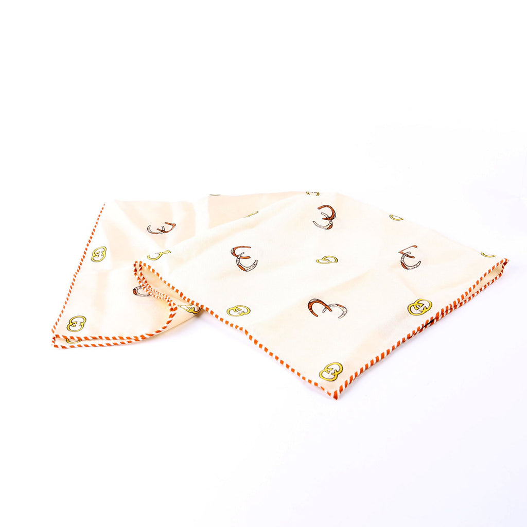 Horseshoe Print Pocket Square Silk Scarf Cream