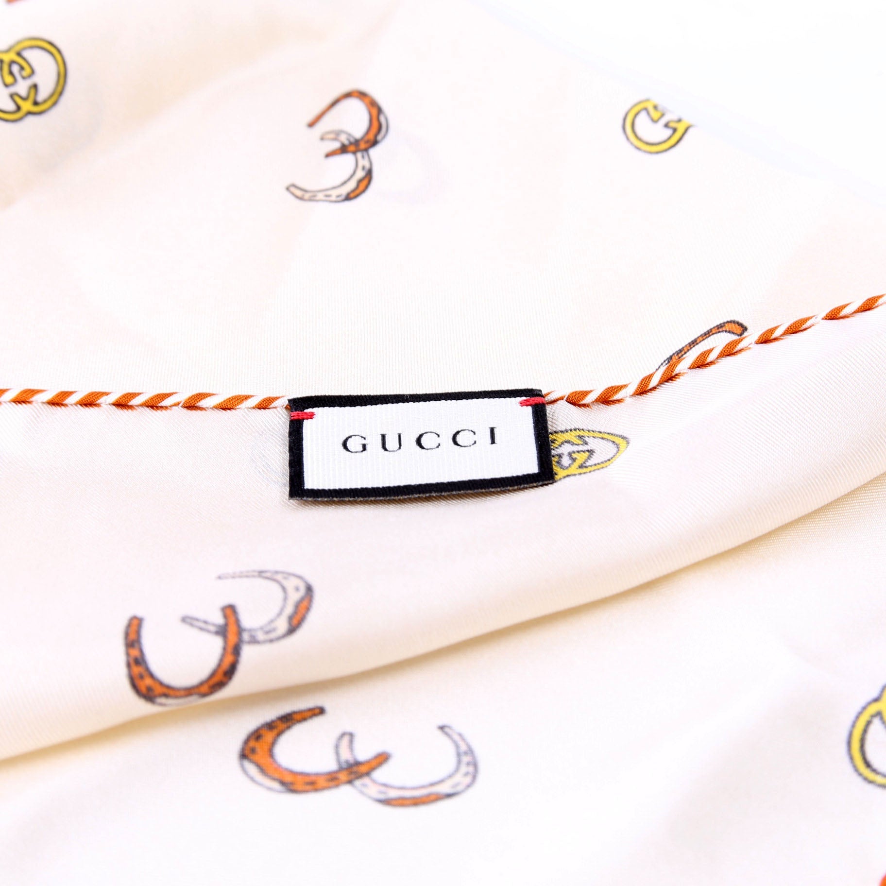 Horseshoe Print Pocket Square Silk Scarf Cream