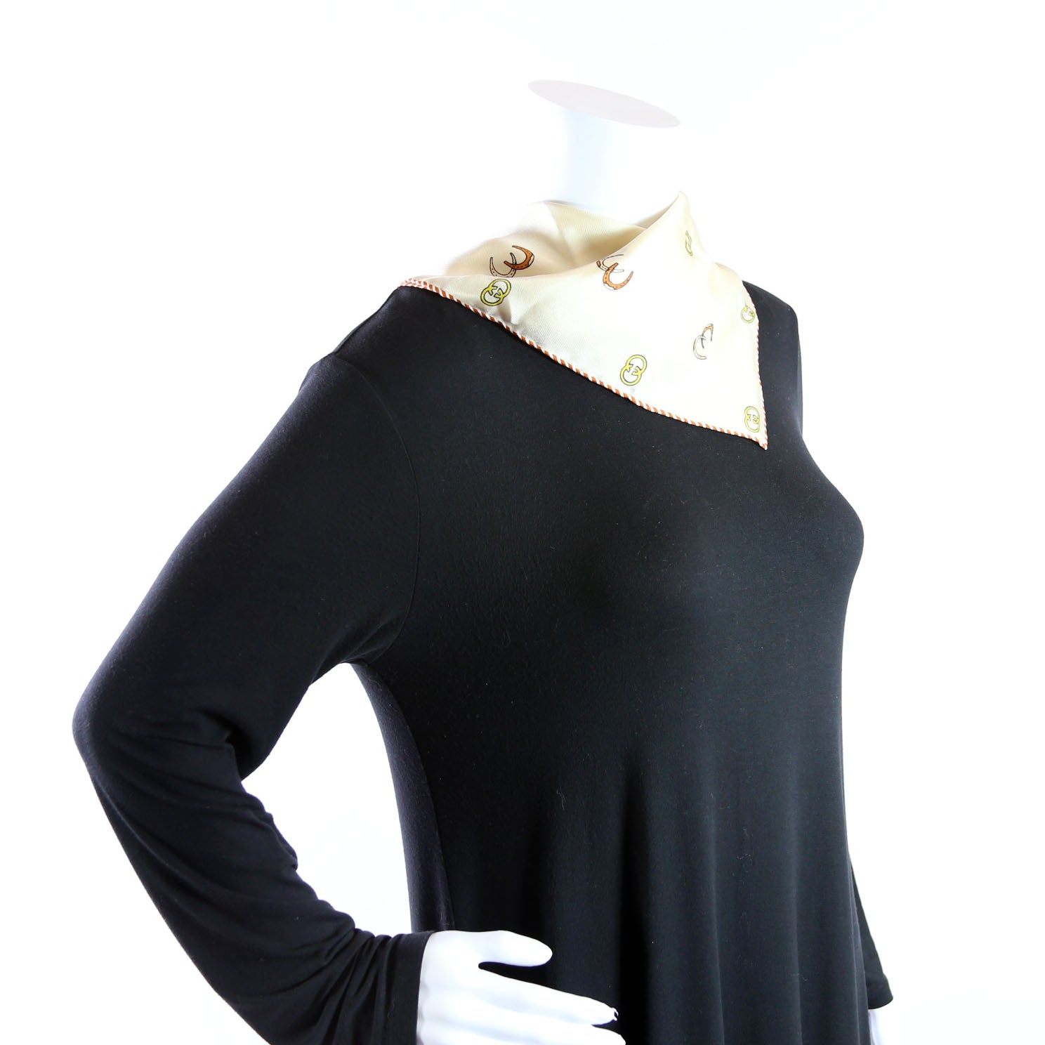 Horseshoe Print Pocket Square Silk Scarf Cream