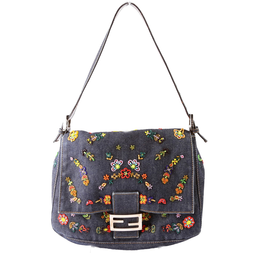 Beaded Denim Mama Baguette Navy/Multicolor