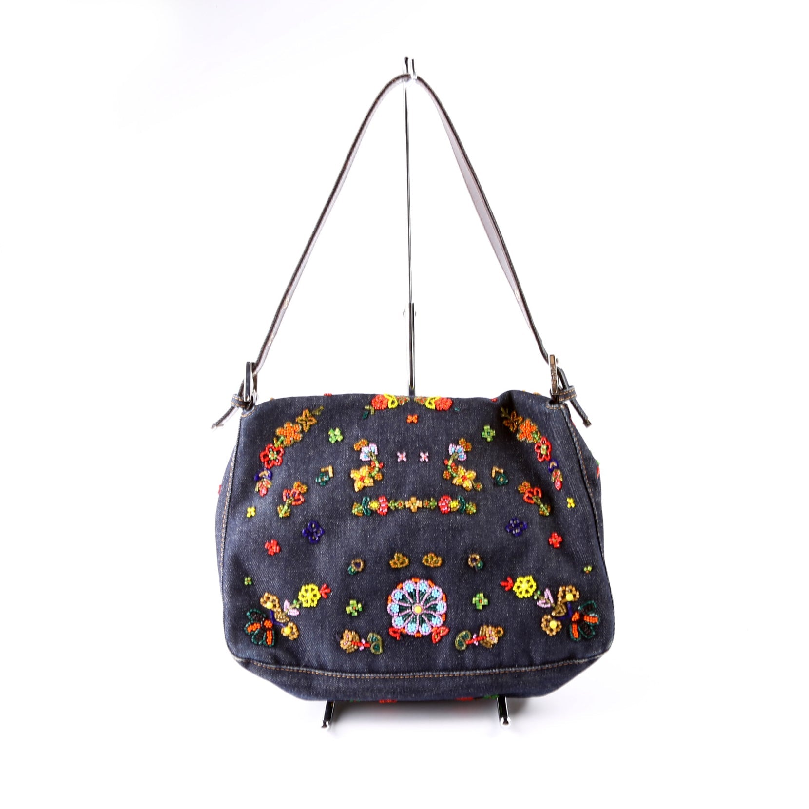 Beaded Denim Mama Baguette Navy/Multicolor