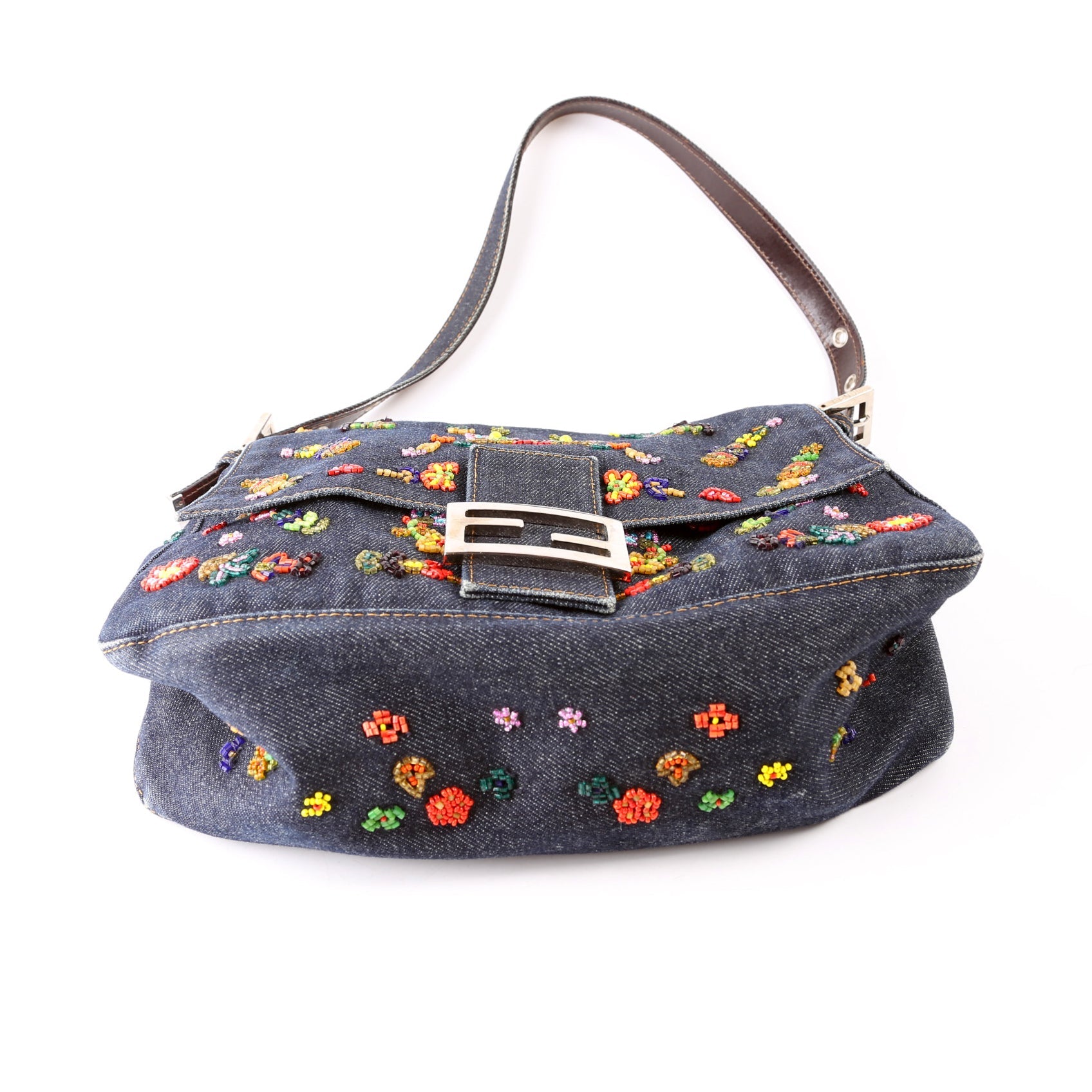 Beaded Denim Mama Baguette Navy/Multicolor