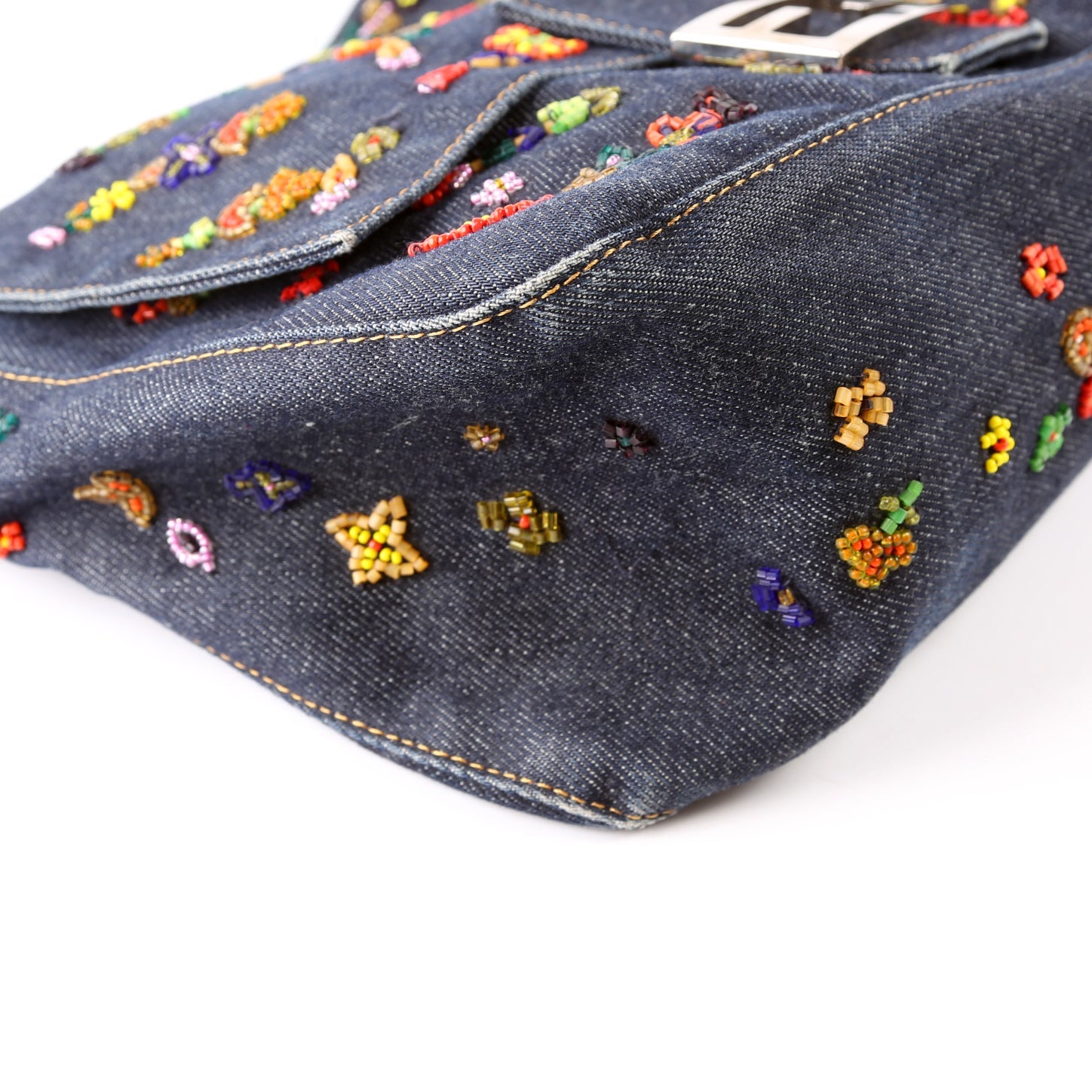 Beaded Denim Mama Baguette Navy/Multicolor