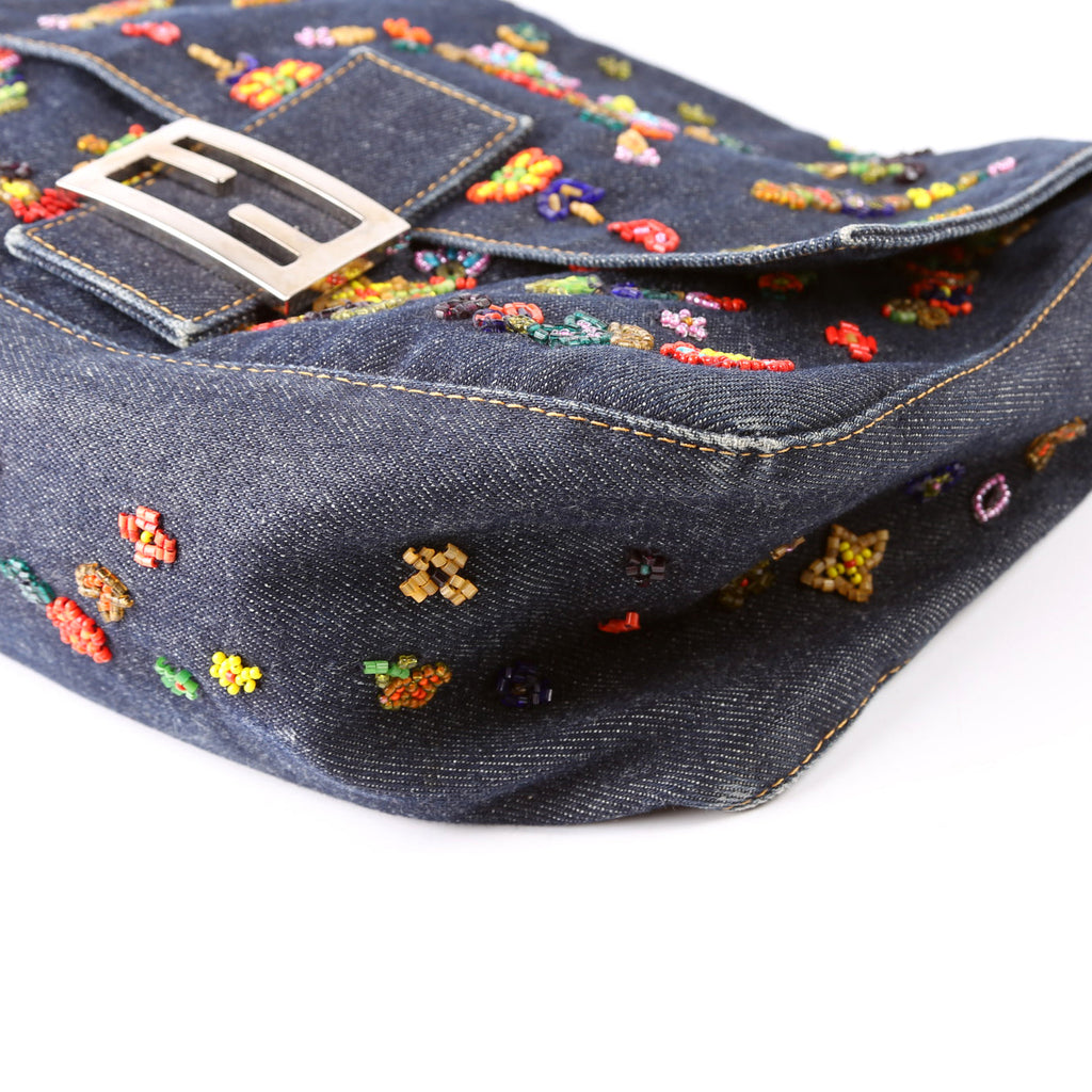 Beaded Denim Mama Baguette Navy/Multicolor