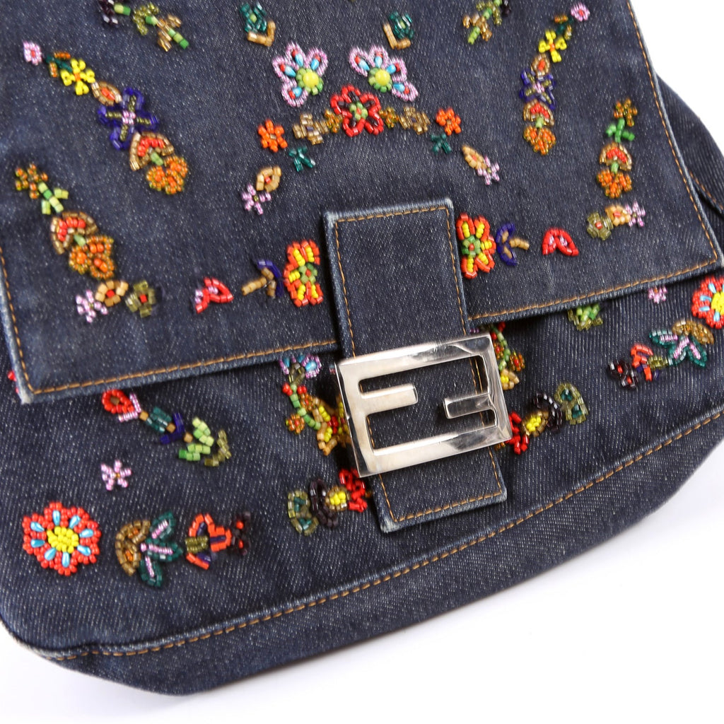 Beaded Denim Mama Baguette Navy/Multicolor