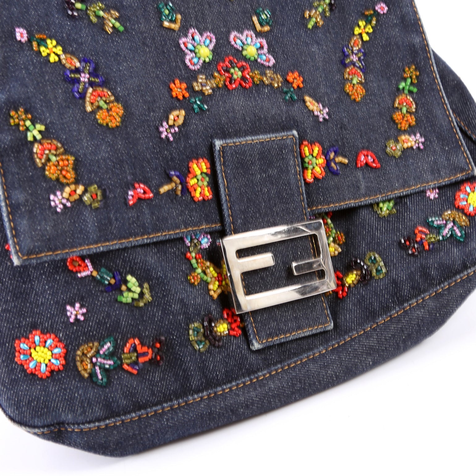 Beaded Denim Mama Baguette Navy/Multicolor