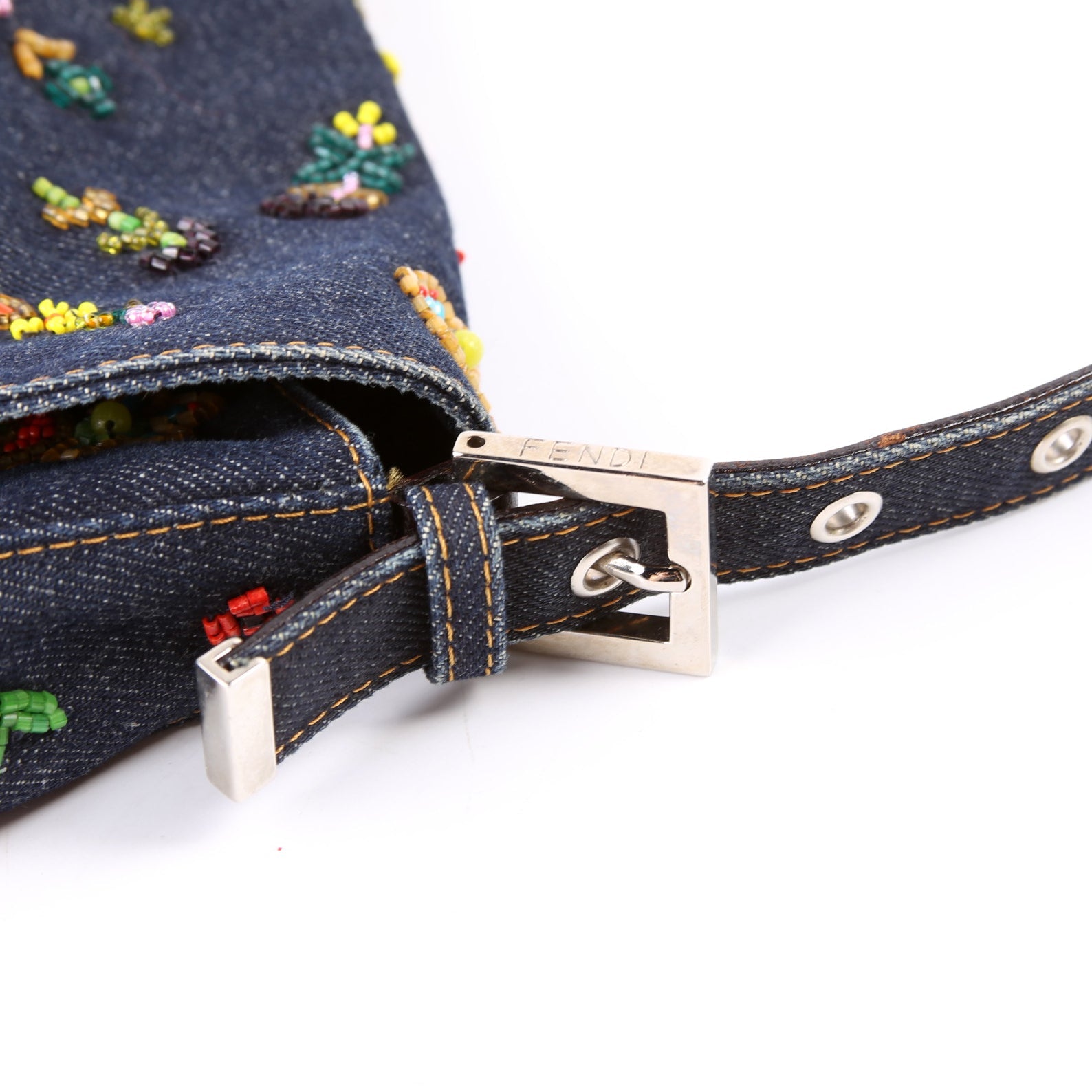 Beaded Denim Mama Baguette Navy/Multicolor
