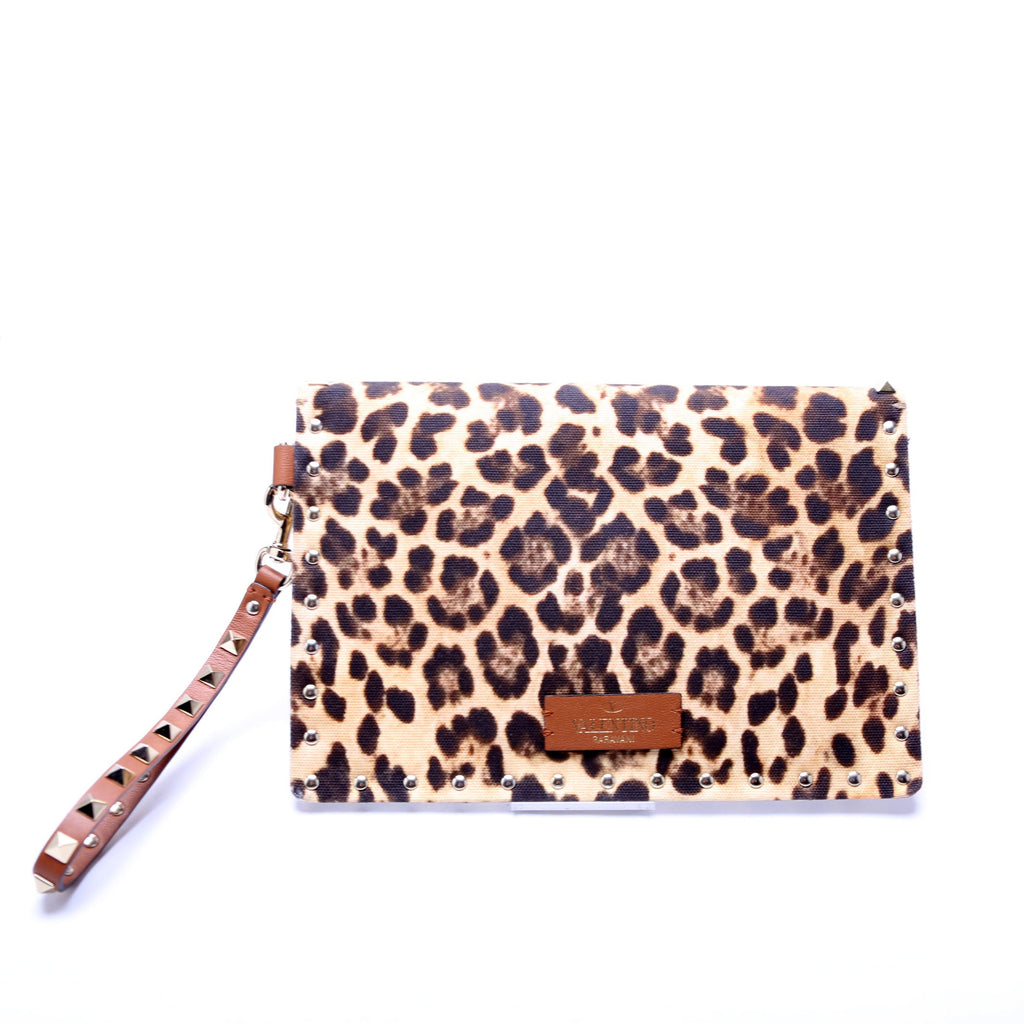 Rockstud Envelope Wristlet Clutch Leopard