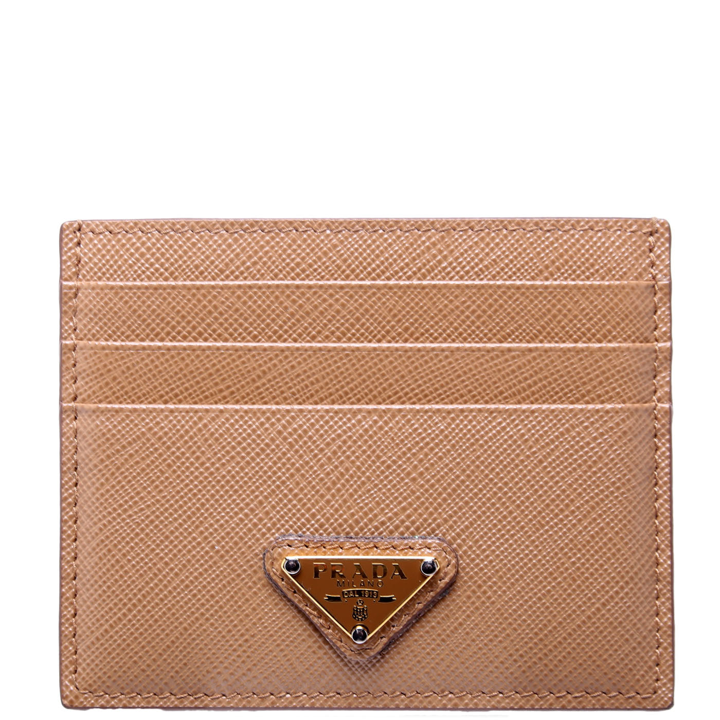 1MC025 Saffiano Triangle Logo Card Case Tan