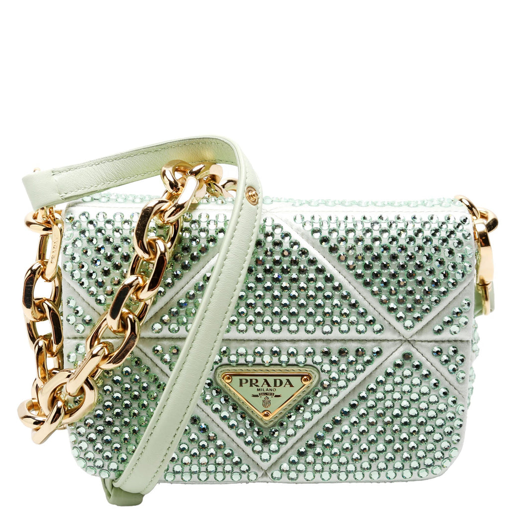 Prada Triangle Logo Crystal Shoulder Bag Green