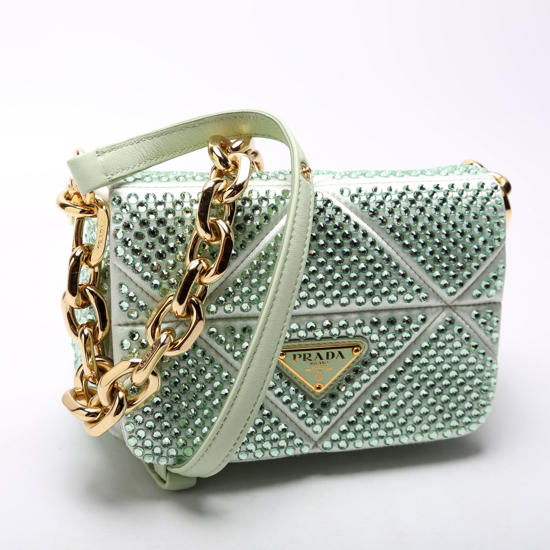 Prada Triangle Logo Crystal Shoulder Bag Green