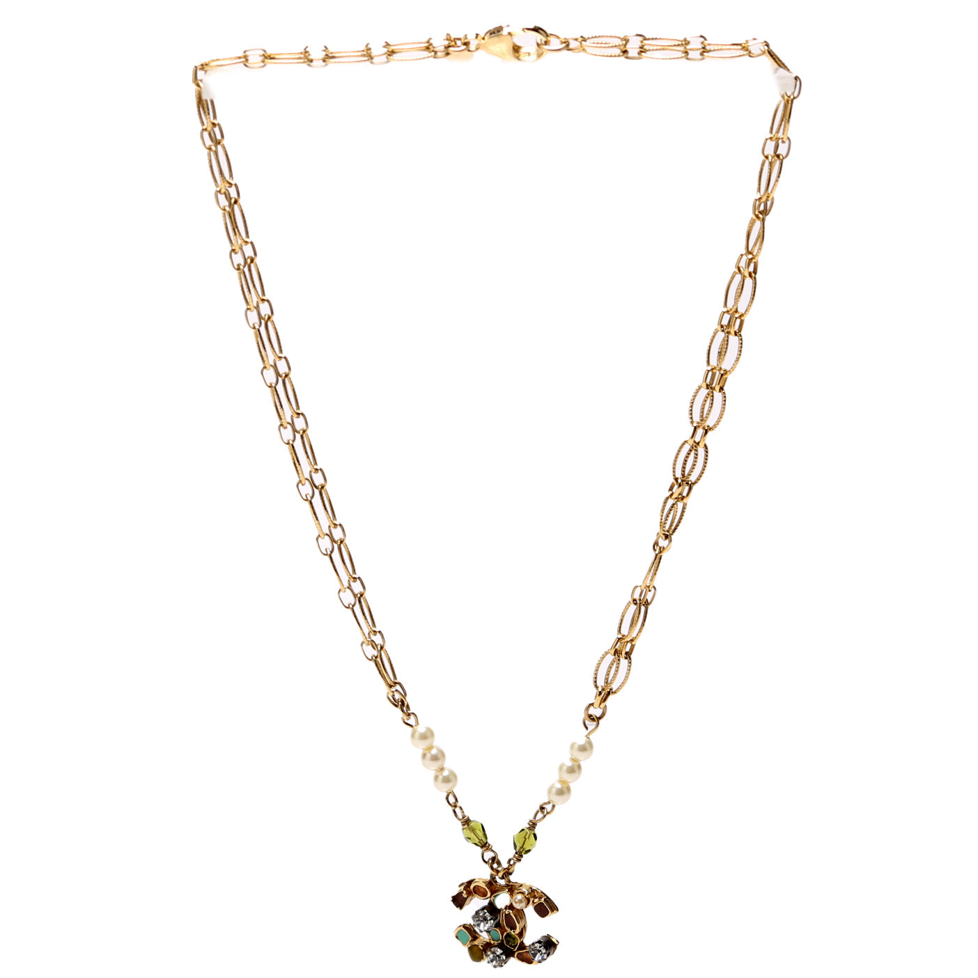 Beaded CC Double Chain Necklace Gold/Multicolor