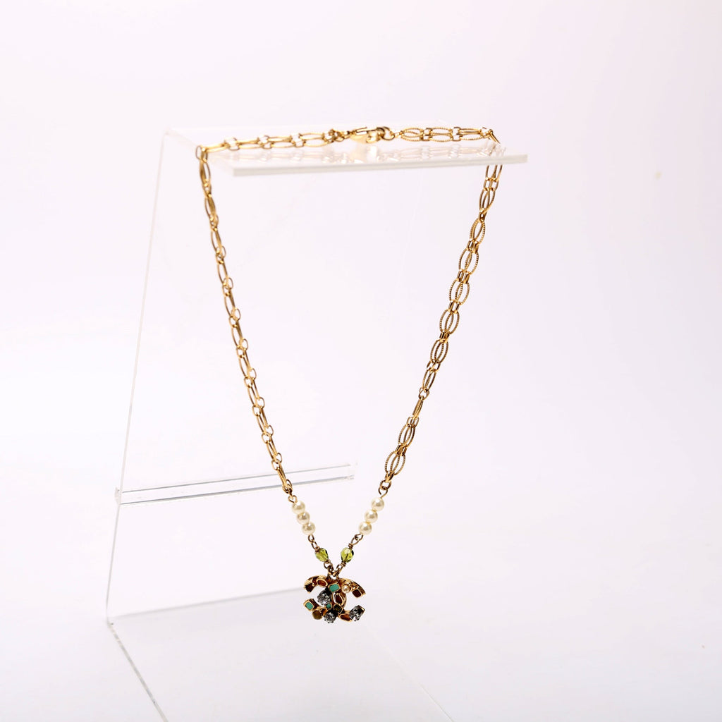 Beaded CC Double Chain Necklace Gold/Multicolor