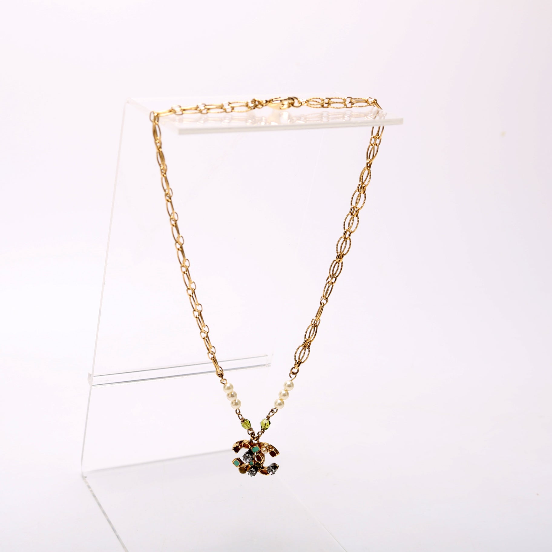 Beaded CC Double Chain Necklace Gold/Multicolor