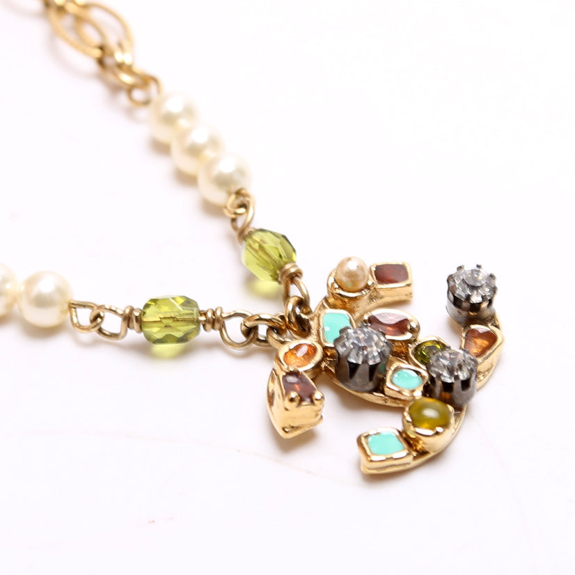 Beaded CC Double Chain Necklace Gold/Multicolor