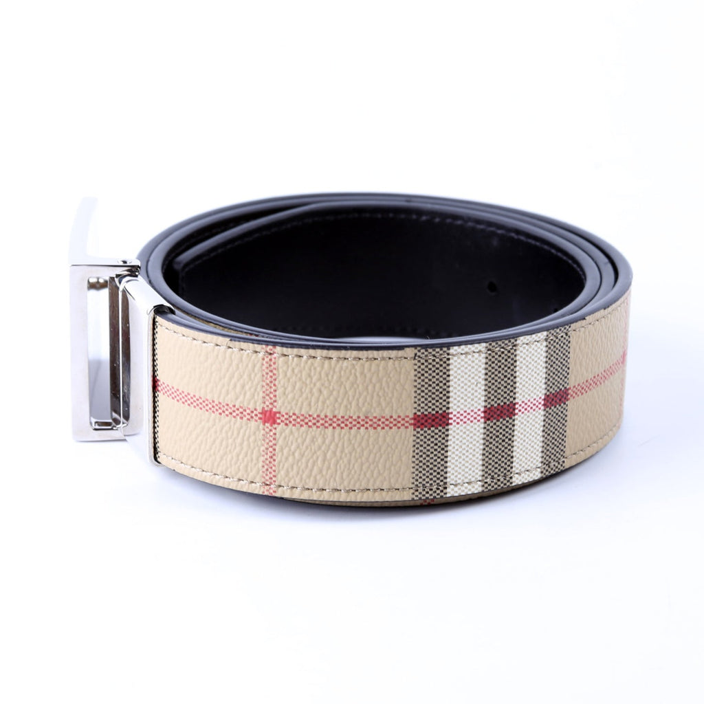 Plaque Buckle Vintage Check/Leather Reversible Belt Size 90/36 Beige/Black