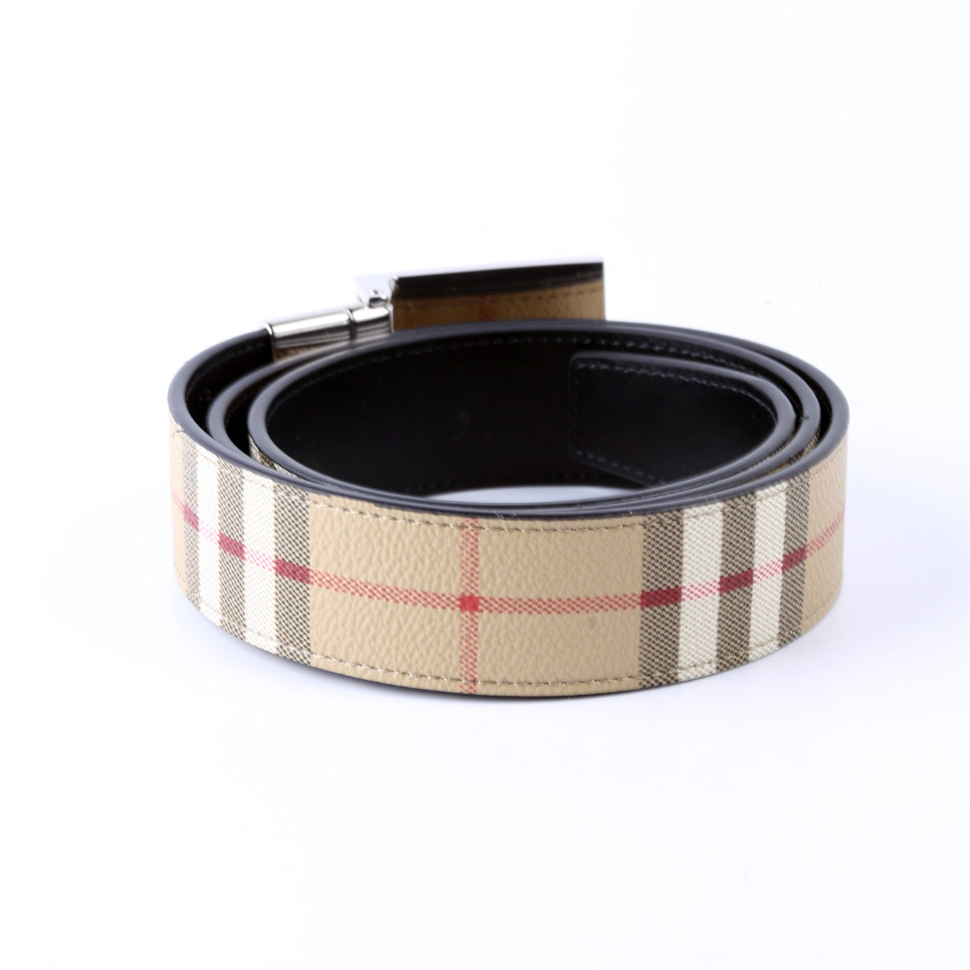 Plaque Buckle Vintage Check/Leather Reversible Belt Size 90/36 Beige/Black