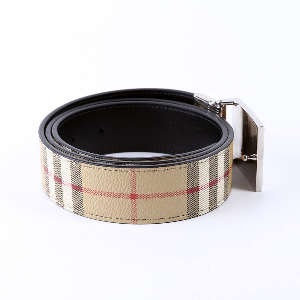 Plaque Buckle Vintage Check/Leather Reversible Belt Size 90/36 Beige/Black