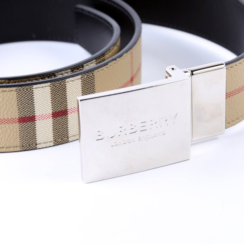 Plaque Buckle Vintage Check/Leather Reversible Belt Size 90/36 Beige/Black