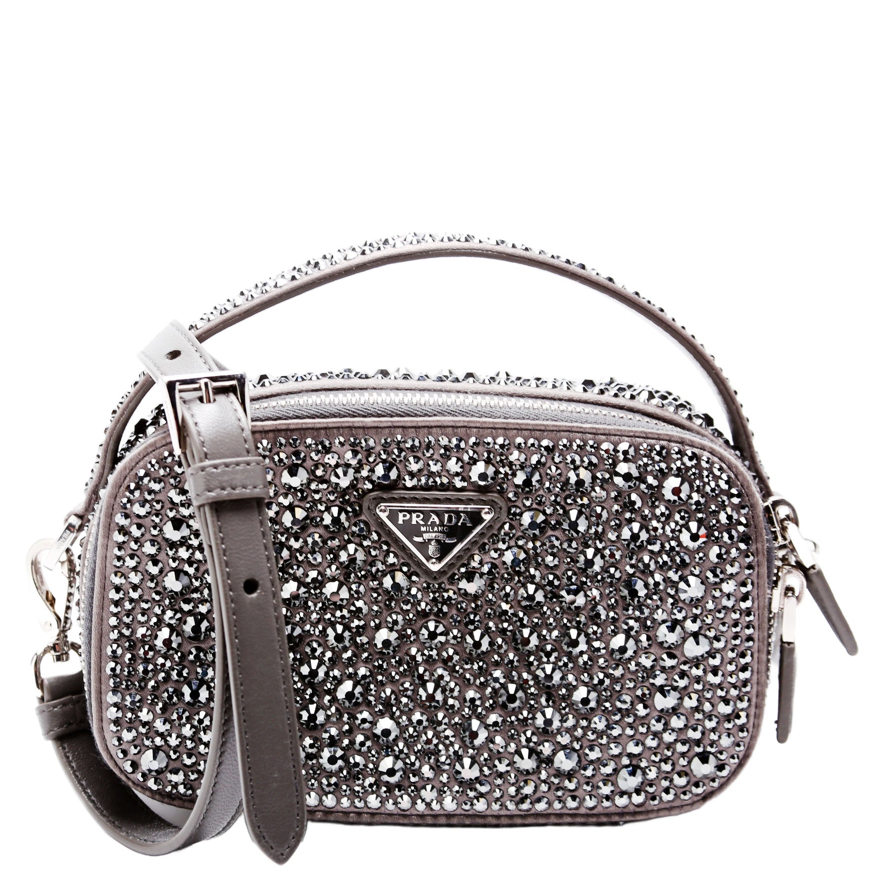 Odette Satin Crystal Triangle Logo Mini Crossbody Grey