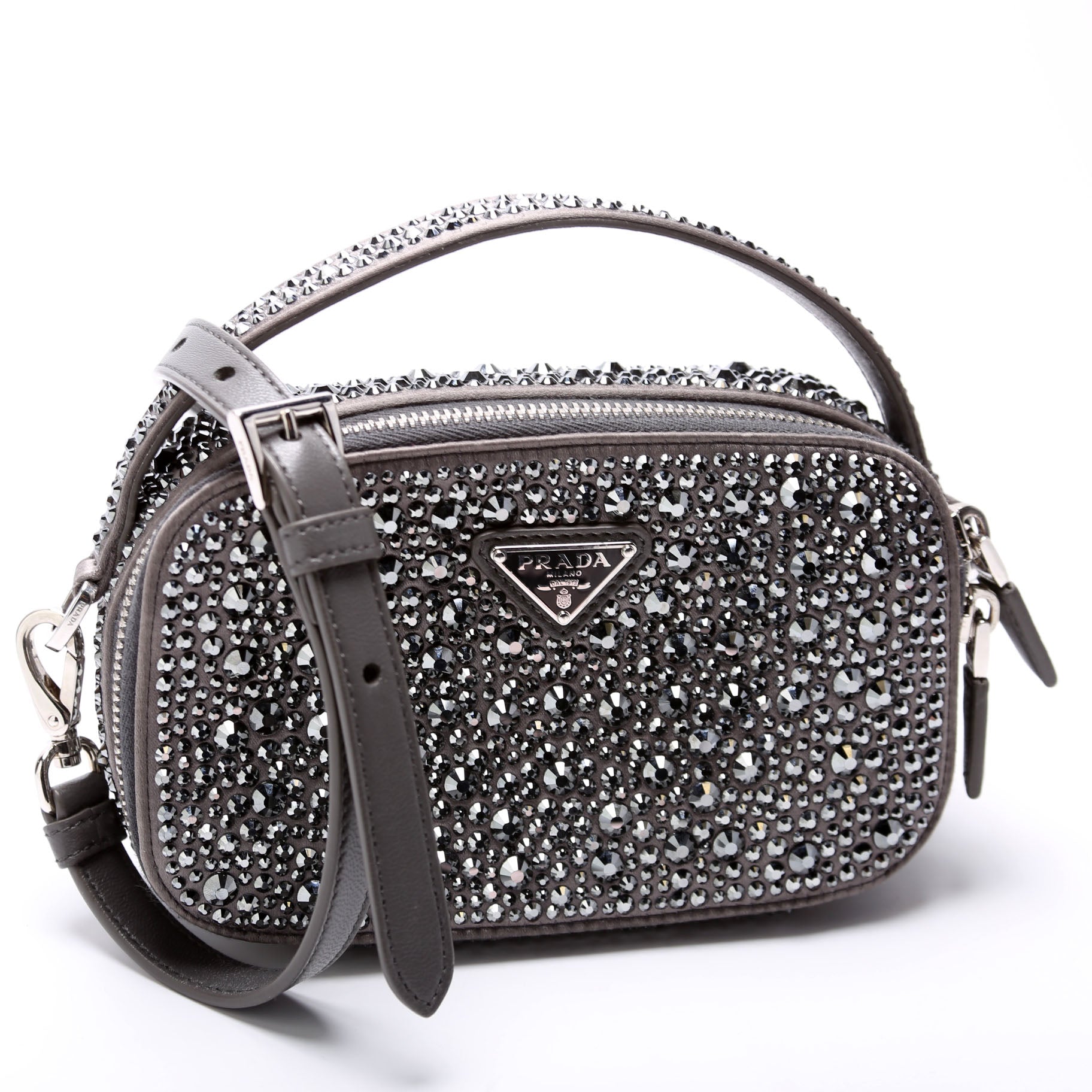 Odette Satin Crystal Triangle Logo Mini Crossbody Grey