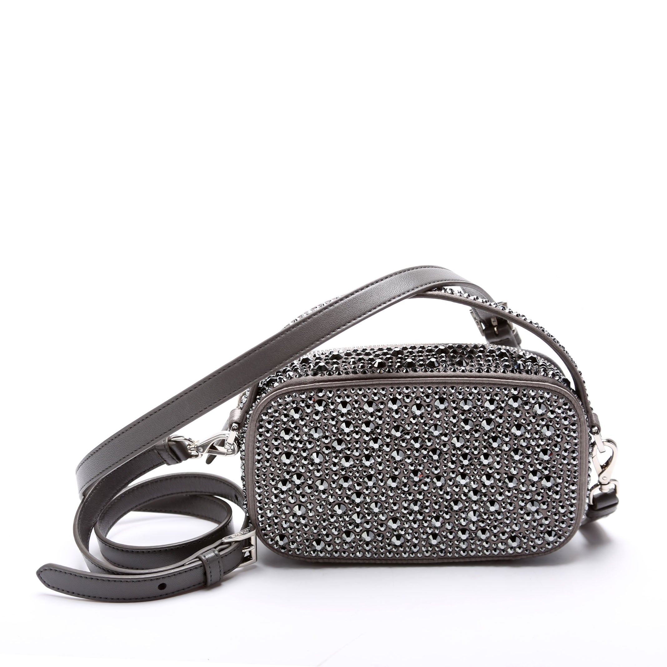 Odette Satin Crystal Triangle Logo Mini Crossbody Grey