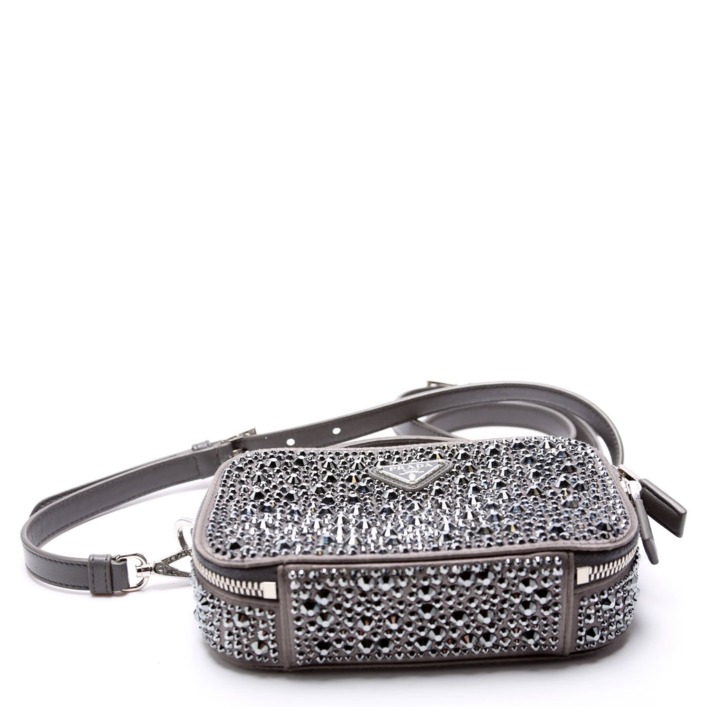 Odette Satin Crystal Triangle Logo Mini Crossbody Grey