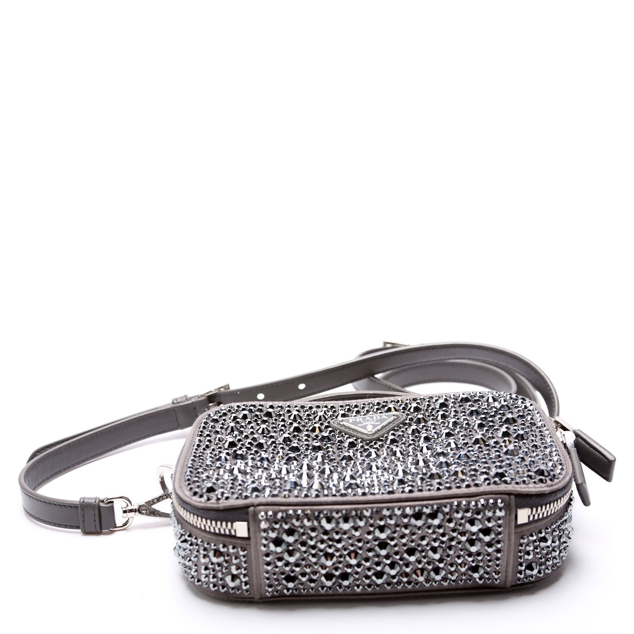 Odette Satin Crystal Triangle Logo Mini Crossbody Grey