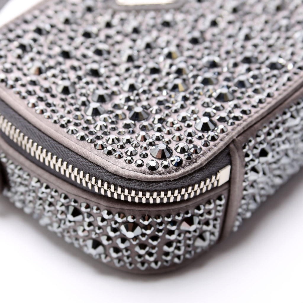 Odette Satin Crystal Triangle Logo Mini Crossbody Grey